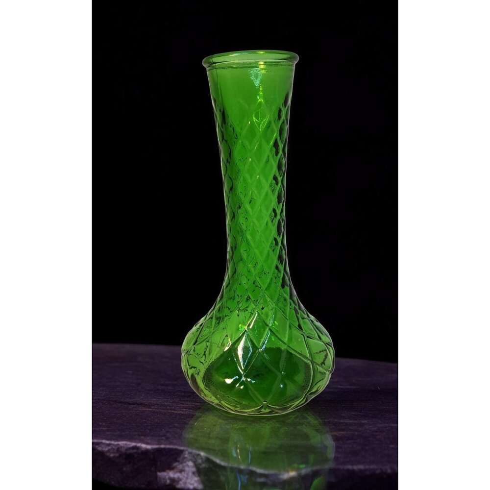 Vintage Hoosier Glass Green Diamond Pattern Bud Vase